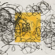 An original etching that has a white background, and in the center is a bold yellow square surrounded by black and gray swirls intersecting each other and layering on top of the yellow square