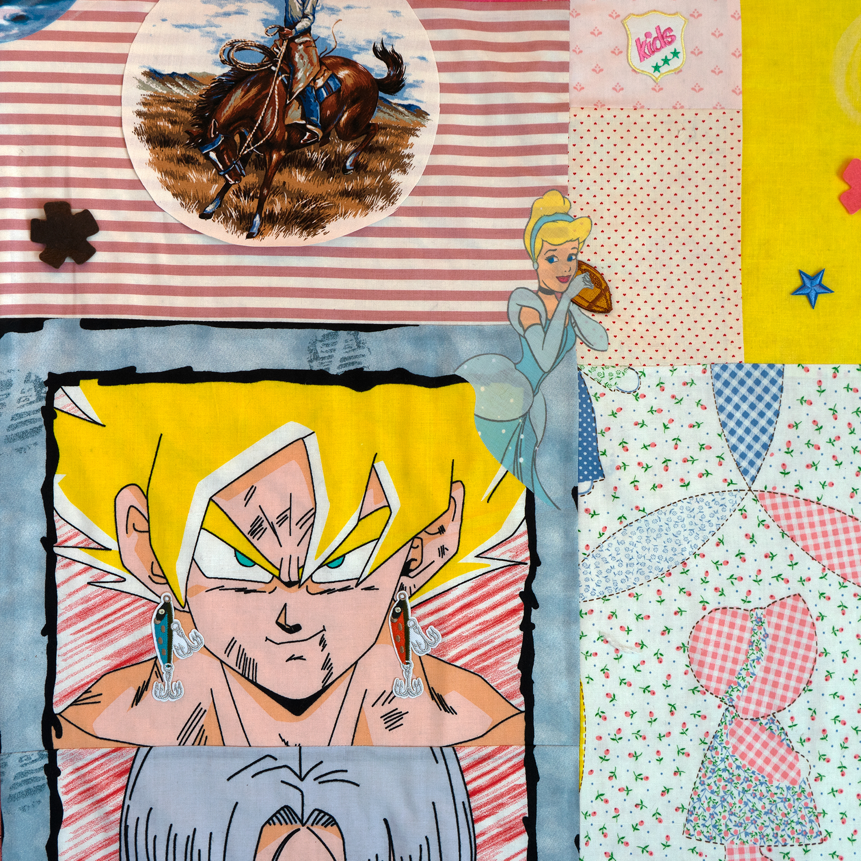 collaged textile artwork with different patterns in blues and pink with figural images overlay