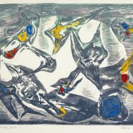 Abstract print with bird like forms in the center insice a white orb shape