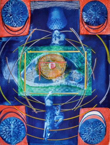 Enkidu’s Rebirth Anabasis From The Netherworld dark blue background wiht four orange squares on each corner with a blue orb inside with orb designs inside, green square in center of print with figures on either side