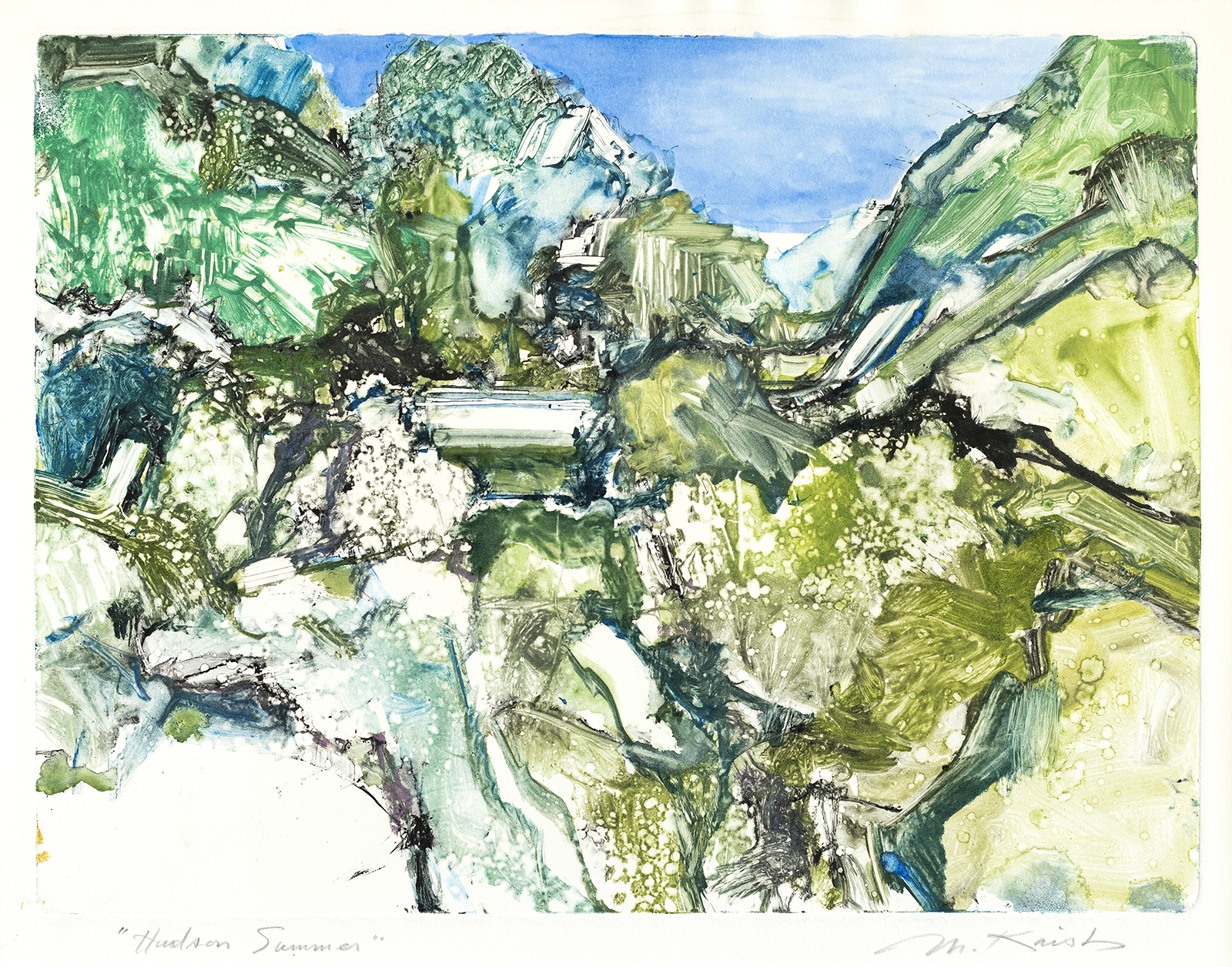 Artistic rendering of a abstract mountain landscape in colors of green adn cream and blue, wiht a portion of a blue sky in the backgorund