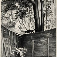Black and white lithograph print of a urban backyard scene with a wooden fence and a black cat walking on the top edge, in the background are tall trees and houses.