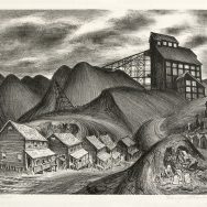 Black and white artistic print of a landscape with a row of houses at the bottom of a hill, with a larger house on the top of a hill behind
