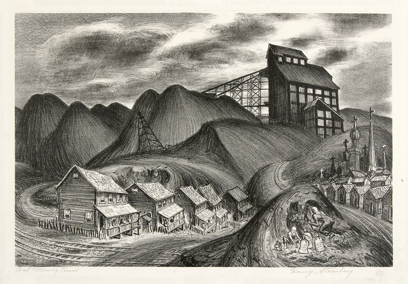 Black and white artistic print of a landscape with a row of houses at the bottom of a hill, with a larger house on the top of a hill behind