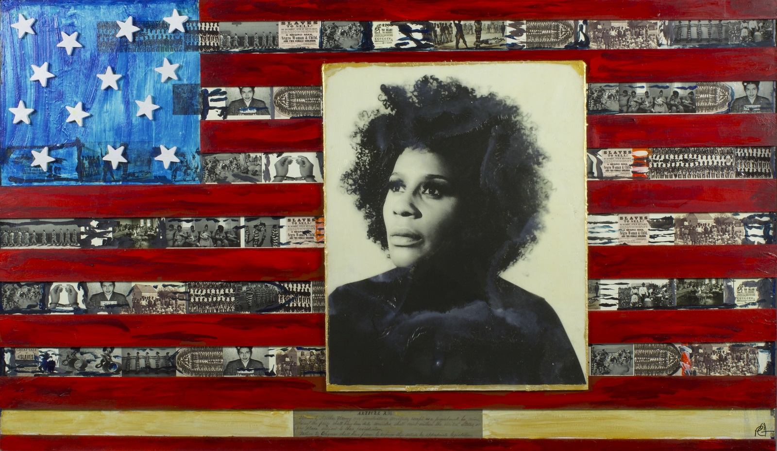 American falg with a vintage photo of a woman with a black shirt and an afro hairstly e