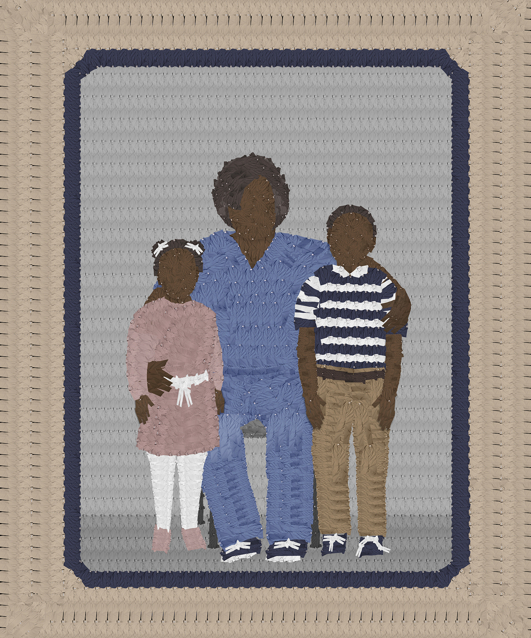 A family portrait artwork depicting a mother in a blue jumpsuit sitting with her daughter and son on either side of her, and a beige border.