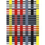fine art print of grid like lines, vertical and horizontal, intersecting. in colors of gray, yellow, red, and black