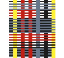 fine art print of grid like lines, vertical and horizontal, intersecting. in colors of gray, yellow, red, and black