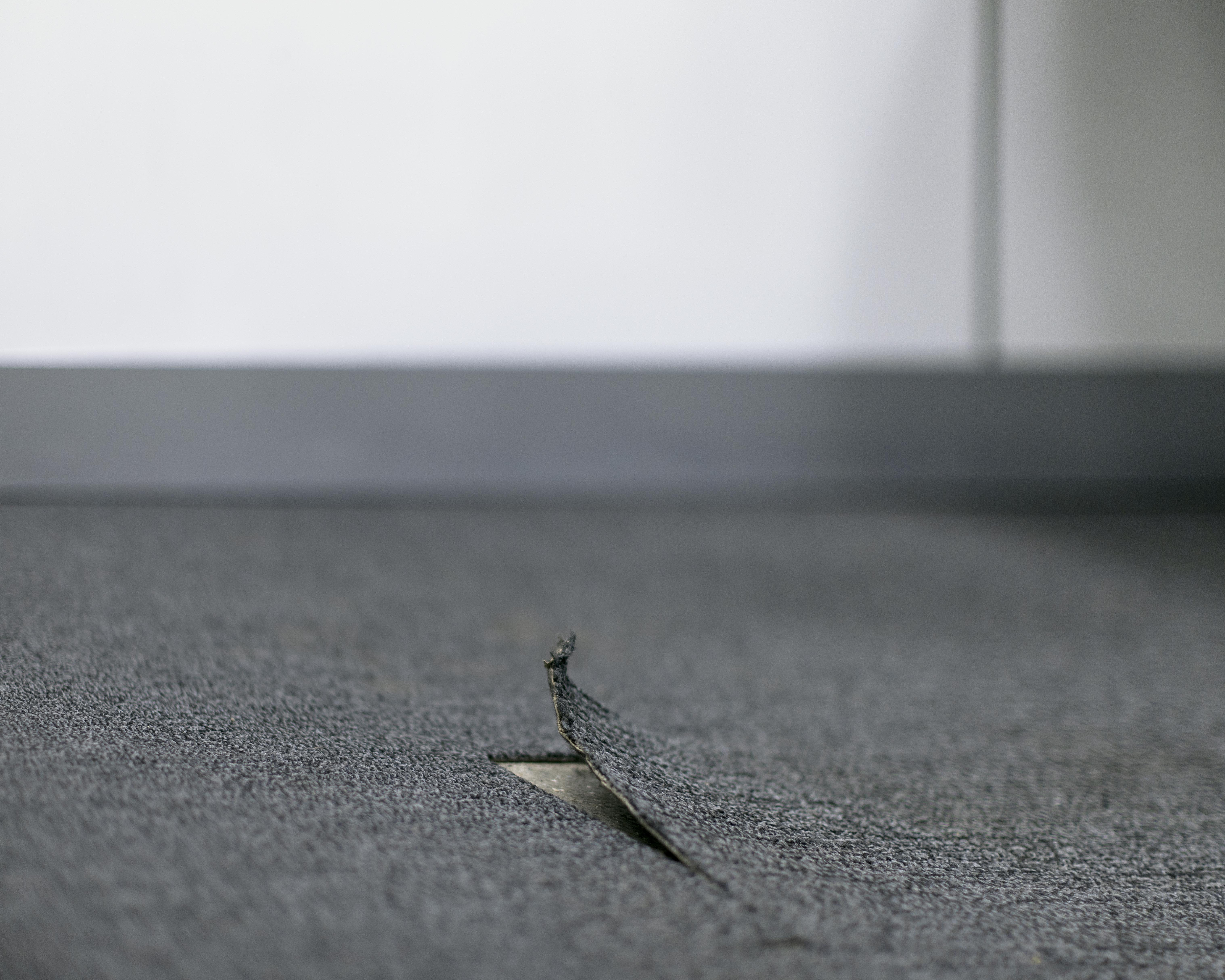 fine art photo of a gray carpet, in the middle of the photo the corner of the carpet is lifting upwards