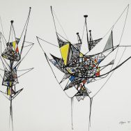 Abstract drawing in black, yellows and red of two web like figures