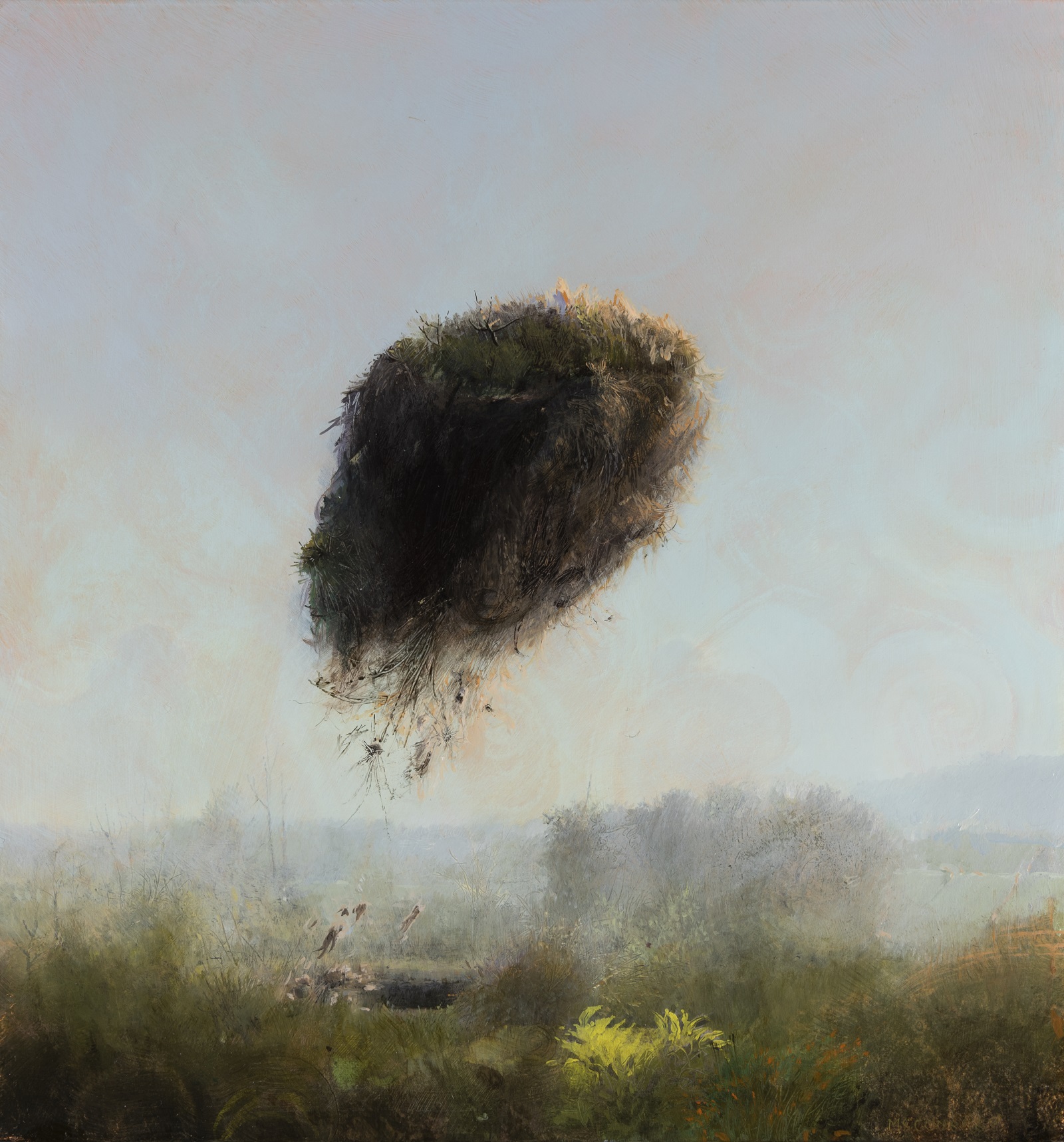 Oil painting of a landscape, wiht qa pale blue sky and a mound of dirt floating in the center