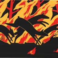 Screenprint of four animals running through flames. The animals appear as black silhouettes. The flames behind them are red and yellow.