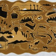 Fine art print with a brown background with a deckled edge, depicting multiple scences of animals and western symbols laid out in a map like orientation
