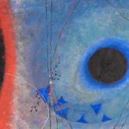 Abstract painting, at left black orb with red outer layer, majority of painting blue colors, at right, black dot with blue triangles below