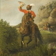Oil painting of a male with a red shirt on a brown horse holding a facoln in his left hand, in a field