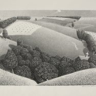 black and white lithograph of a hilly farm landcsape 