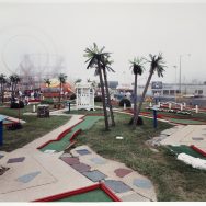 Miniature golf court, with a number of sections throughout the photo, a grove of palm trees in the middle, with a ferris wheel and roller coaster in the background in the fog
