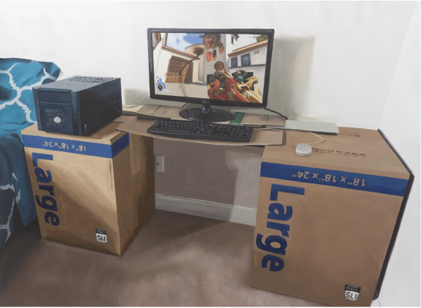 Realist oilpainting of a desk made out of two cardboard boxes with a computer screen in the center