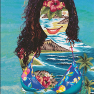 Collage portrait of a woman with tropical trees and water