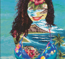 Collage portrait of a woman with tropical trees and water