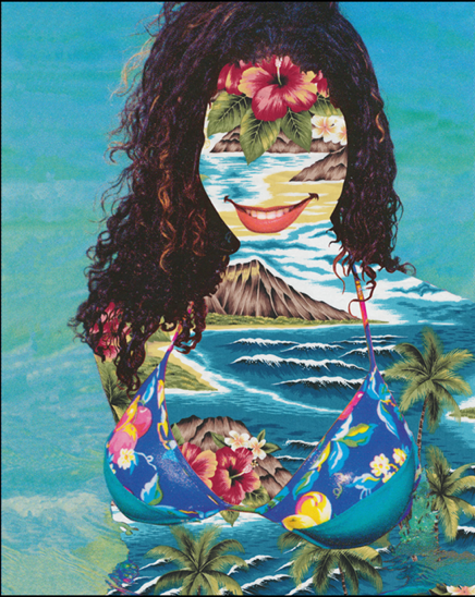 Collage portrait of a woman with tropical trees and water