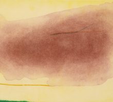 Abstract print with a soft yellow background and a streak of green in the lower left corner. A large organic shape floats in the middle of the image, printed in burgundy. Two thin streaks intersect and run horizontally within the organic shape, printed in green and red. Another thin streak runs horizontally below and to the left of the shape, printed in orange-yellow.