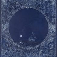 Ornate circular design featuring a ship sailing under a moonlit night sky. Surrounded by intricate white patterns on a deep blue background, creating a serene and mystical atmosphere.