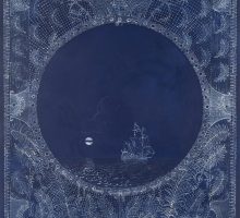 Ornate circular design featuring a ship sailing under a moonlit night sky. Surrounded by intricate white patterns on a deep blue background, creating a serene and mystical atmosphere.