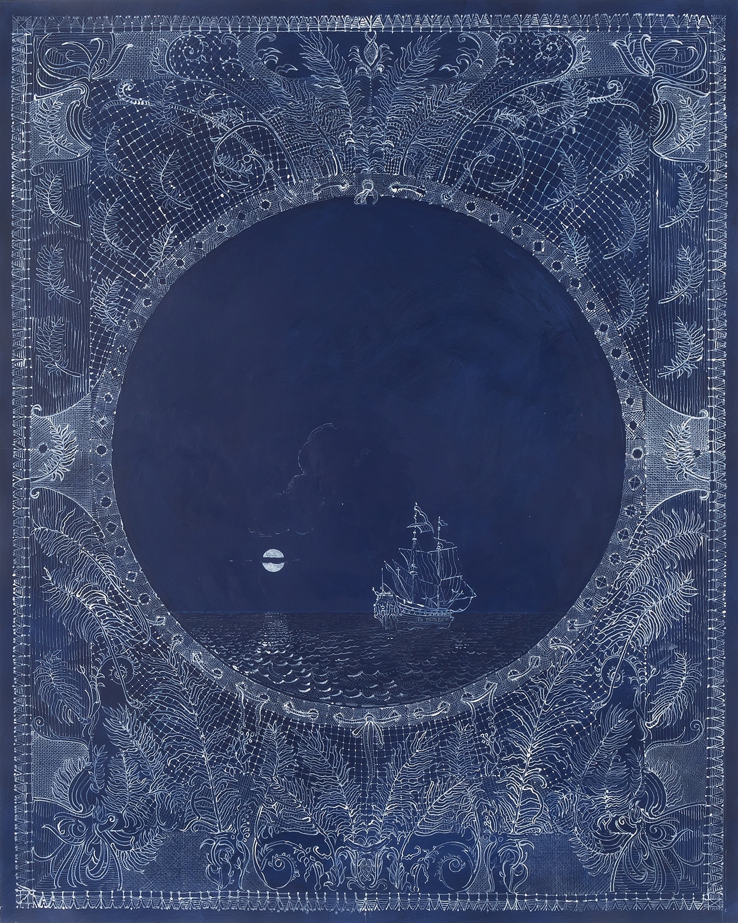 Ornate circular design featuring a ship sailing under a moonlit night sky. Surrounded by intricate white patterns on a deep blue background, creating a serene and mystical atmosphere.