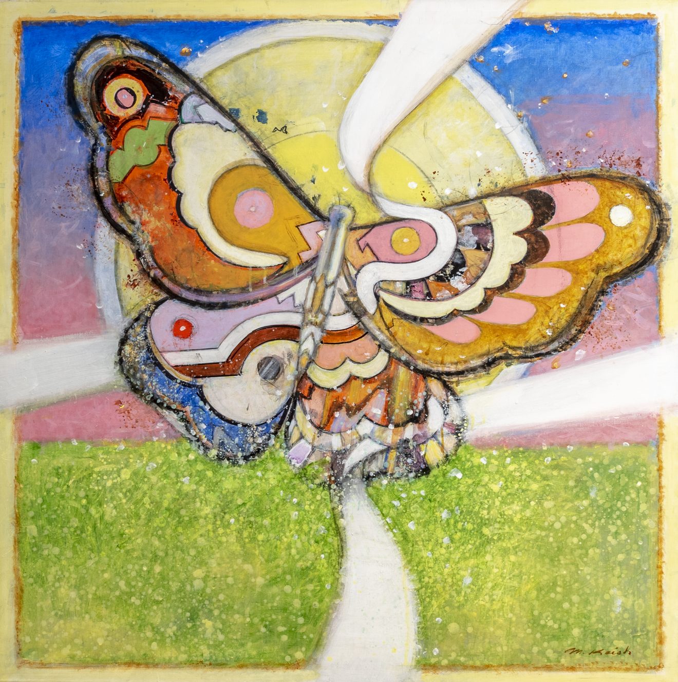 Abstract painting of featuring a Butterly above a field of grass.