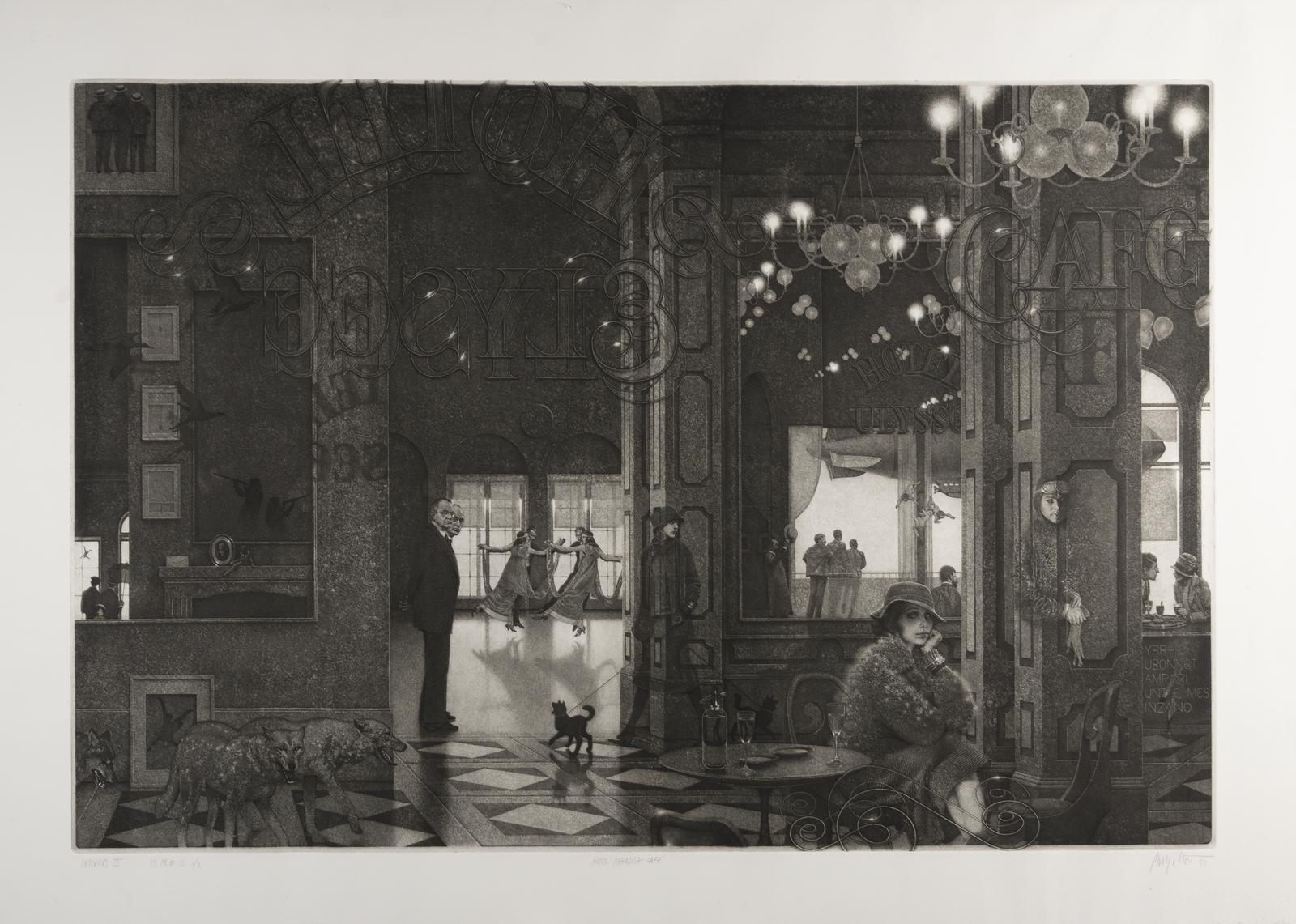 "Hotel Paradise Cafe", 1987. Peter Milton (born 1930). Resist-ground etching and engraving. Gift of John & Sabina Szoke.