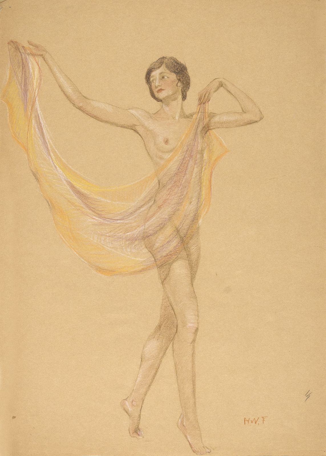 Study, standing nude with orange drape by Harriet Whitney Frishmuth.