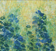 An abstract print by John Thompson '72 featuring organic, floral like designs in blue green and yellow.