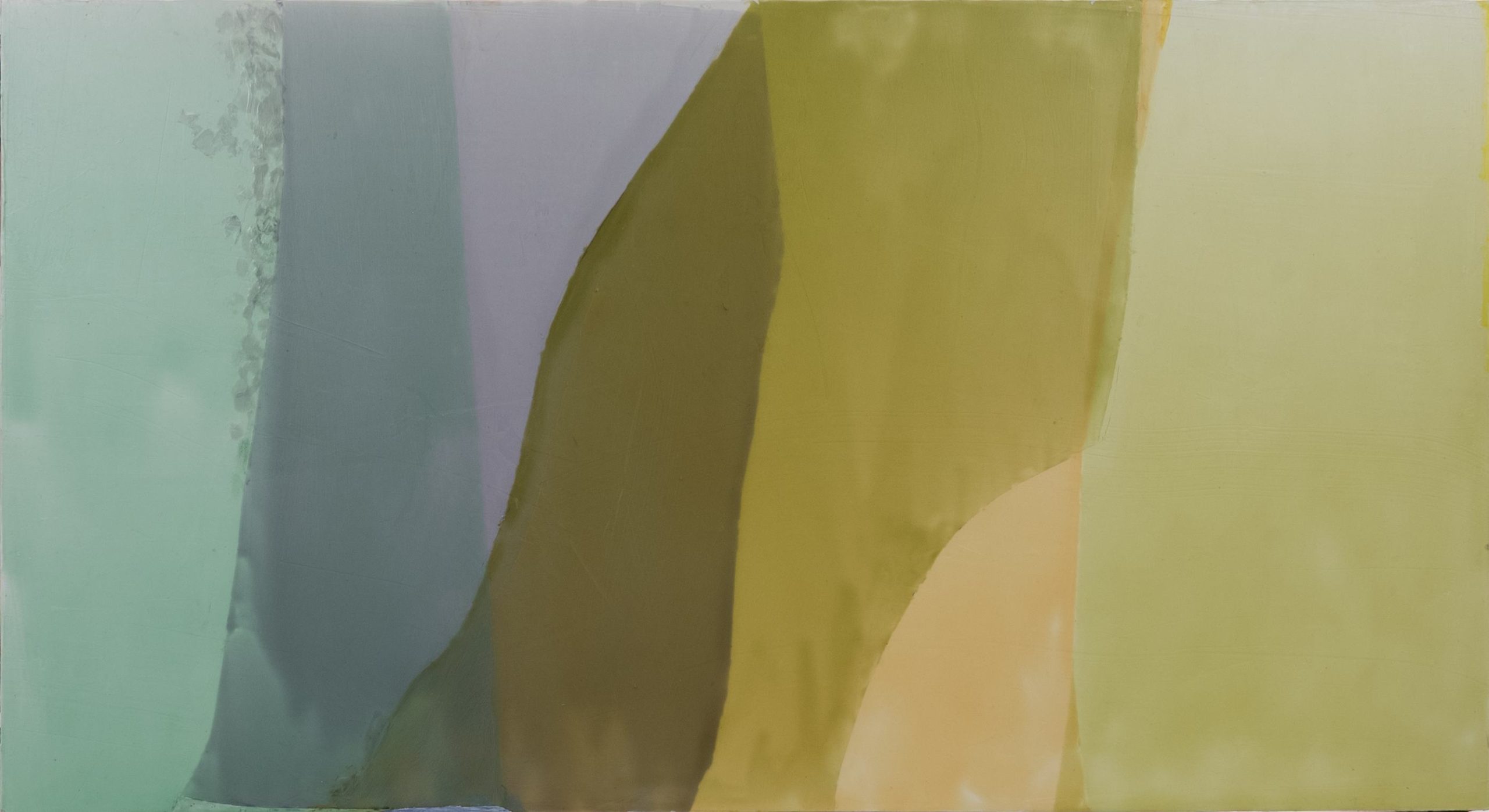 Abstract painting with vertical, overlapping sections in green, blue, lavender, yellow, and beige tones. The colors blend softly, creating curved, organic boundaries between each section